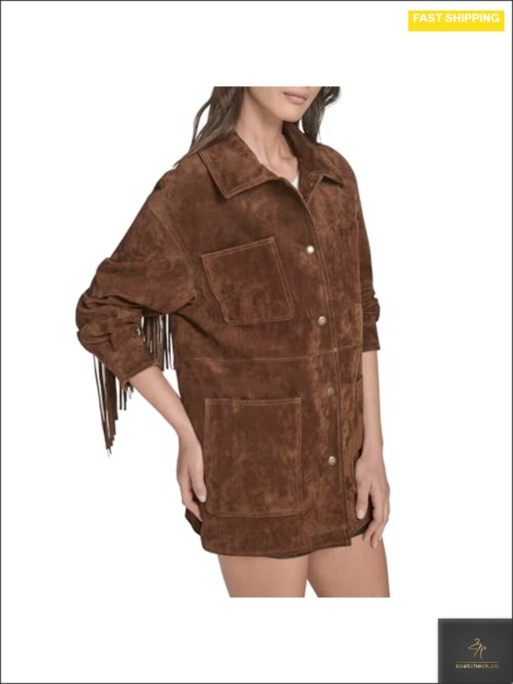 Faux Suede Fringe Trim Chore Coat Snap Front - Picture 2 of 6